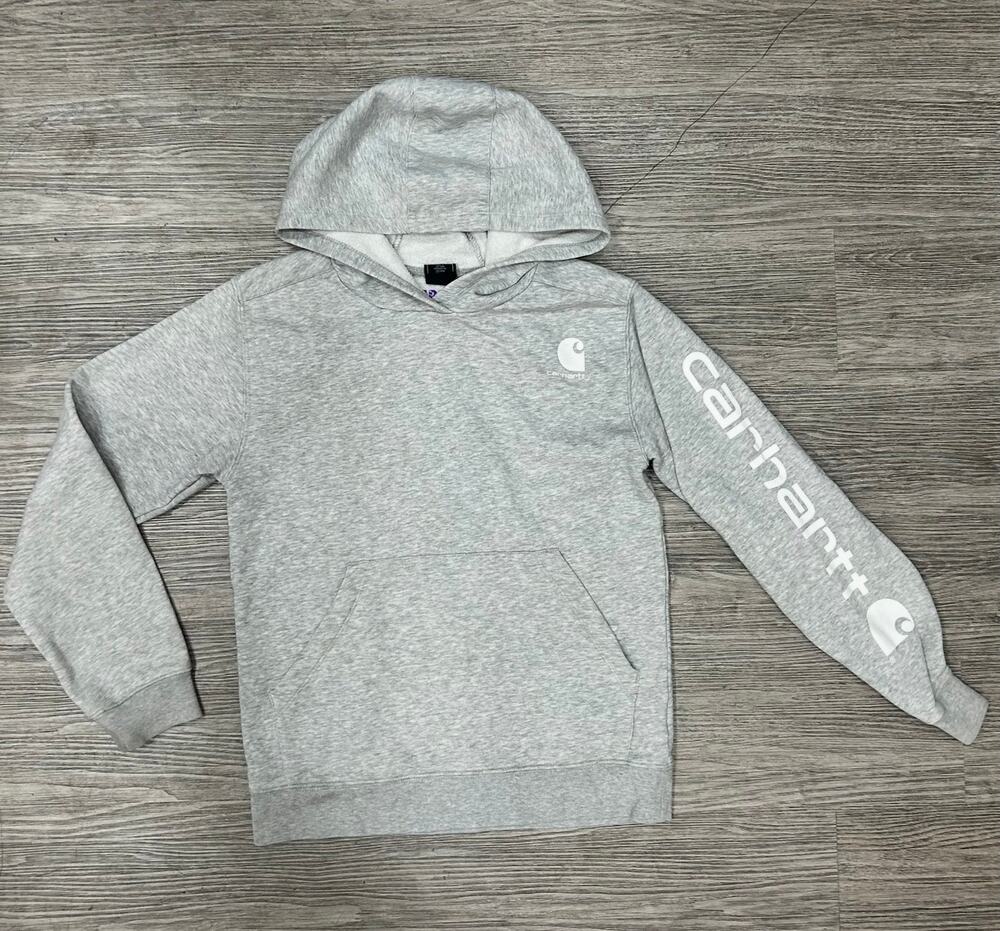Carhartt Hoodie Youth XL 14 Gray Pullover Sweatshirt Sleeve Logo Kids Unisex